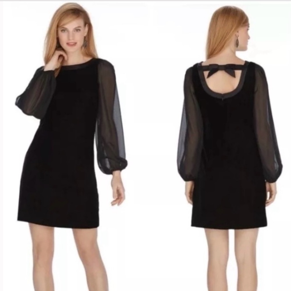 WHBM BACK BOW SHEER SLEEVE VELVET DRESS